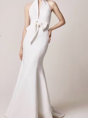 Jesus Peiro Made in Spain Elegant White Halter Mermaid Dress with Bow Detail